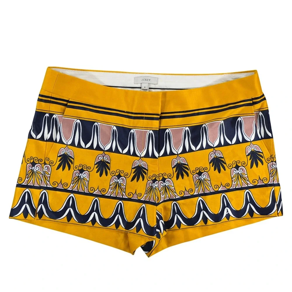 J.Crew City Fit Lisbon Scroll Ornate Print Cotton Stretch Shorts Yellow 8 Womens